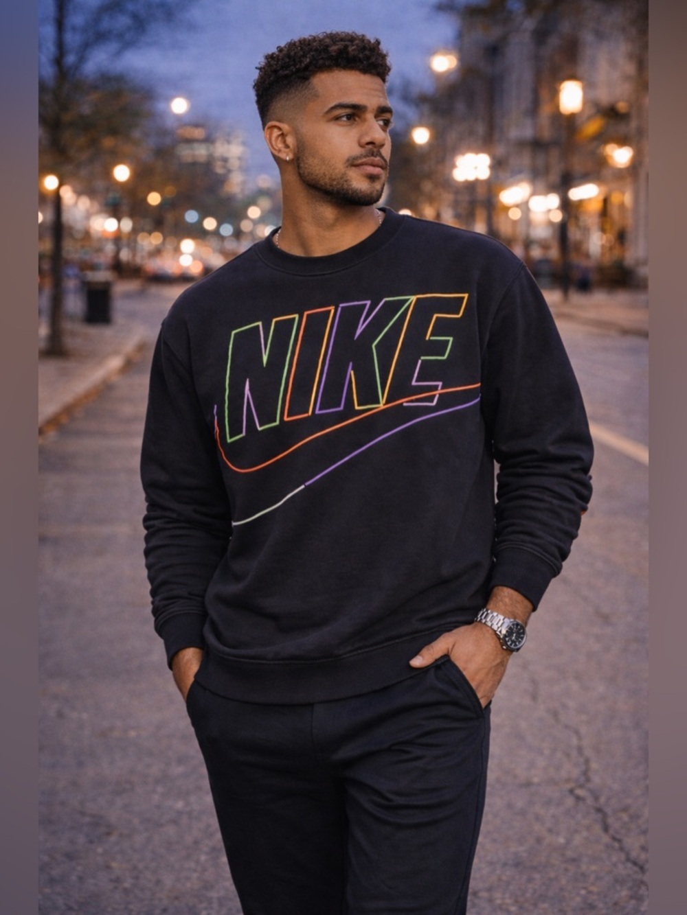 Nike Black Crewneck Sweatshirt Rainbow Logo Streetwear Men’s Small